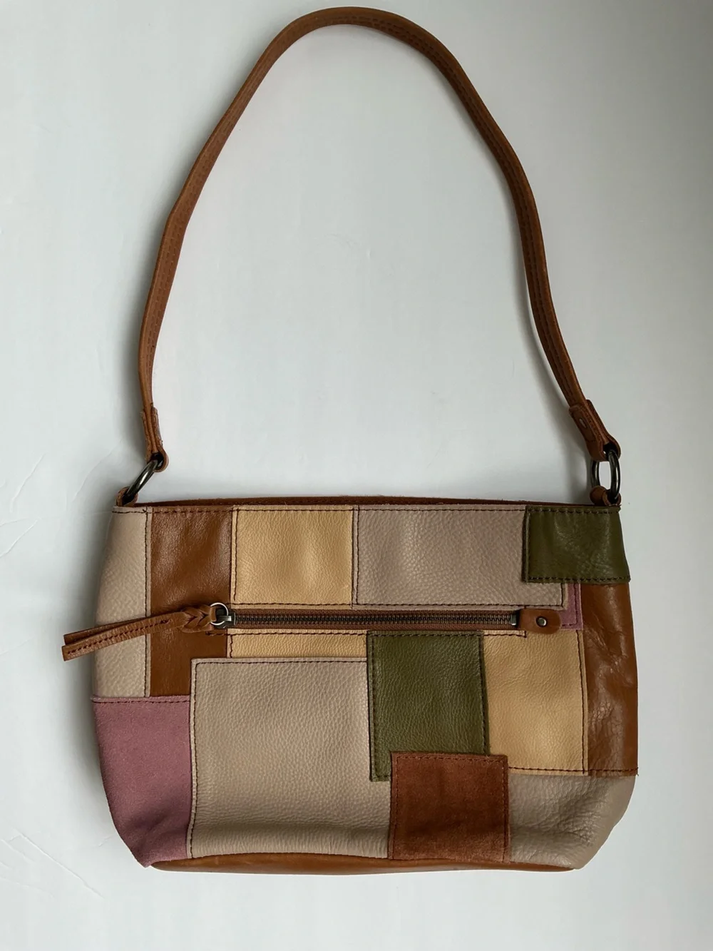 The Sak Leather Suede Patchwork Shoulder Bag -Tan, Beige, Olive & Pink